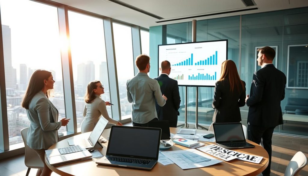 A visually engaging comparison of business management platforms, showcasing a sleek, modern office environment. In the foreground, a diverse group of professionals in business attire analyzes charts and graphs displayed on a large presentation screen. In the middle ground, a round table is littered with laptops, digital tablets, and printed reports illustrating various online courses. The background features a city skyline through large windows, with bright natural light illuminating the space, creating a vibrant and motivational atmosphere. The scene conveys collaboration and focus, emphasizing the practical evaluation of business management resources in a dynamic and modern workspace.