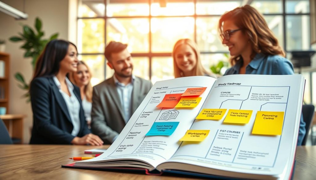A visually engaging study roadmap illustration that showcases various learning paths aimed at achieving specific educational objectives. In the foreground, a large open notebook with colorful sticky notes and highlighted sections illustrates different study routes, such as online courses and workshops. The middle ground features a diverse group of four adults—two men and two women—dressed in smart casual attire, engaged in discussion over the notebook, making it feel collaborative and dynamic. In the background, a bright, modern workspace with large windows allows natural sunlight to illuminate the scene, creating a cheerful and inspiring atmosphere. The image should have a focus on clarity and organization, reflecting a professional and motivating learning environment.