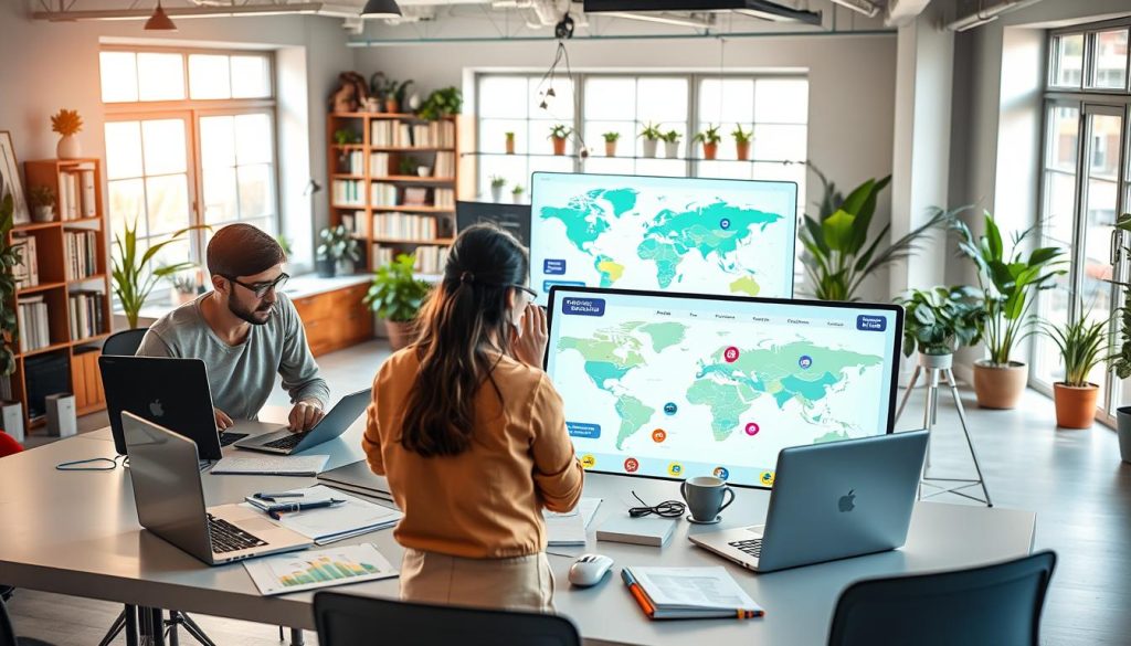 A visually engaging workspace featuring a diverse group of learners interacting with digital devices, surrounded by vibrant visual elements representing various learning paths. In the foreground, a modern desk with laptops, notebooks, and colorful charts depicting language progress. The middle ground includes two focused individuals collaborating over an interactive screen, showcasing a world map with language icons and resource highlights. In the background, a bright and airy space filled with bookshelves and potted plants, promoting an atmosphere of growth and creativity. Soft natural lighting filters through large windows, casting warm glows on the scene. The overall mood is inspiring and collaborative, emphasizing the journey of learning and achieving fluency in languages together.