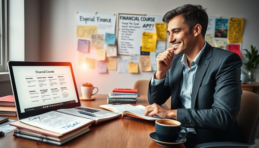 A visually engaging workspace set in a modern office environment, showcasing an open laptop displaying financial course options alongside a notepad filled with handwritten notes and a pen. In the foreground, a focused individual in professional attire is thoughtfully examining the materials, with a light smile, exuding a sense of determination and clarity. The middle layer features a neatly organized desk with vibrant financial books, a calculator, and a cup of coffee, all under soft, ambient lighting that creates a warm and inviting atmosphere. In the background, an inspiring vision board is pinned to a wall, depicting various educational goals and aspirations related to personal finance. A subtle lens flare highlights the optimistic mood of the scene, suggesting the journey towards smart financial education.