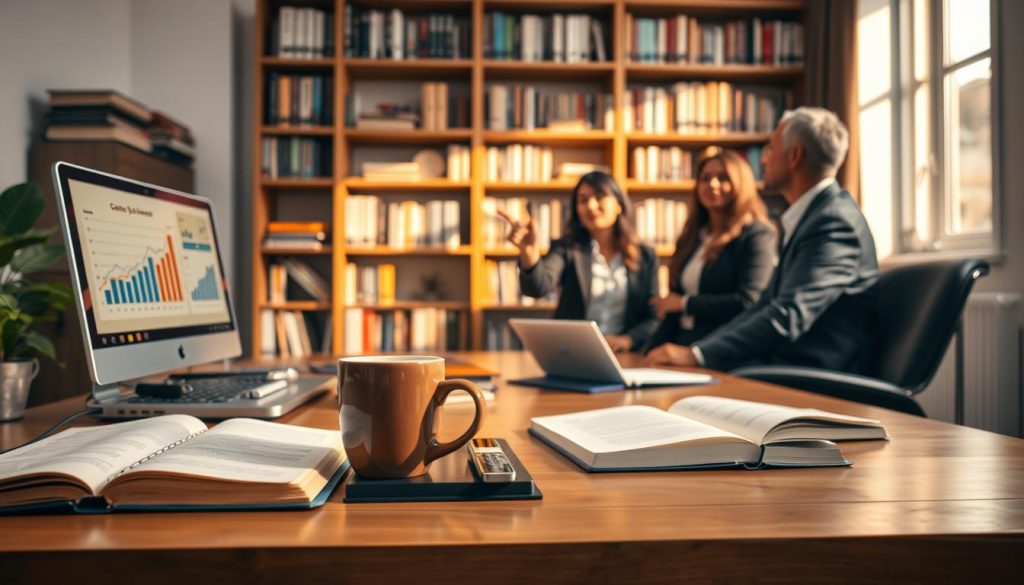 A well-organized study area reflecting professionalism, featuring a wooden desk with open notebooks, a laptop, and a steaming cup of coffee in the foreground. In the middle ground, a diverse group of three individuals dressed in professional business attire engaged in a discussion, with one person pointing at a screen showing graphs and educational resources. The background showcases a bookshelf filled with books on career development and personal growth, bathed in warm, natural light from a window, suggesting a comfortable learning environment. The mood is focused and motivating, emphasizing the importance of choosing the right online courses for professional advancement, with soft shadows adding depth to the scene.