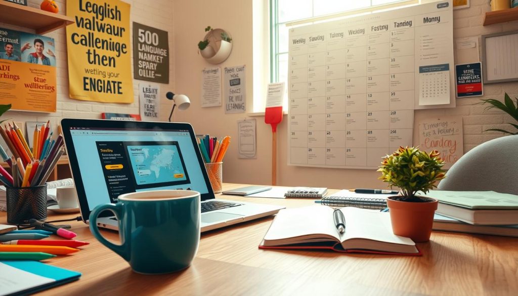 A well-organized study space dedicated to learning English, featuring a wooden desk cluttered with colorful stationery, a laptop open to a language learning app, and a notebook filled with notes. In the foreground, a steaming cup of coffee sits beside a small potted plant. In the middle ground, motivational posters about language learning adorn the walls, while a large calendar pinned with a weekly study plan hangs prominently. The background shows a bright window through which sunlight streams, creating a warm and inviting atmosphere. The scene captures a sense of focus and productivity, with a gentle depth of field effect to emphasize the study area, illuminated by soft, natural light to enhance the mood of determination and encouragement.
