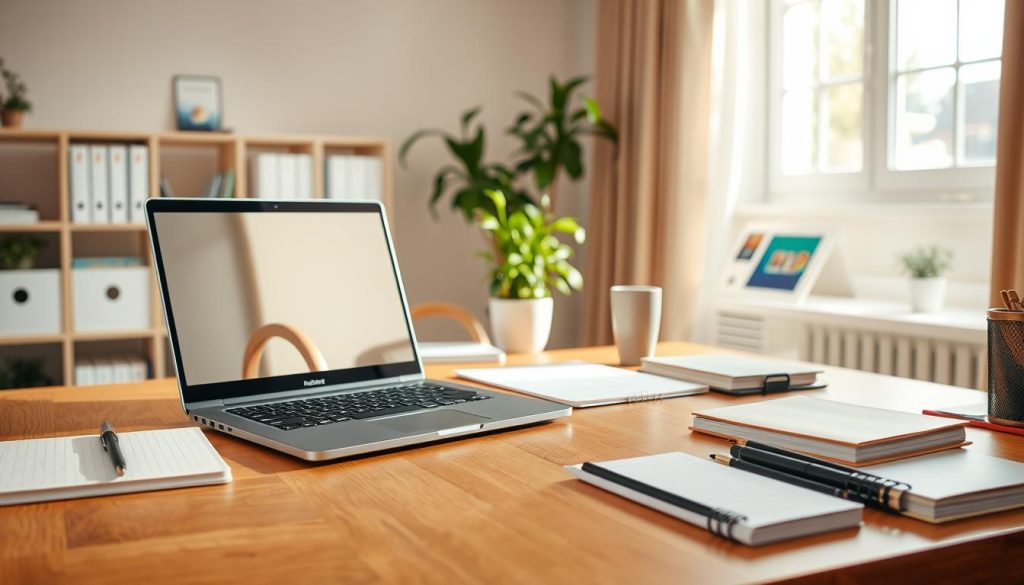 A well-organized study space showcases essential technical requirements for successful learning. In the foreground, a sleek wooden desk is equipped with a high-quality laptop open to a productivity application. Beside it, neatly arranged notebooks and stationery indicate methodical preparation. In the middle ground, a comfortable ergonomic chair invites focus, while a potted plant adds a touch of nature and tranquility. The background features a large window letting in soft, natural light, creating a warm and inviting atmosphere. The scene is captured with a slight angle, emphasizing depth, and the colors are bright yet soothing, promoting a sense of calm and motivation in a personal growth setting.