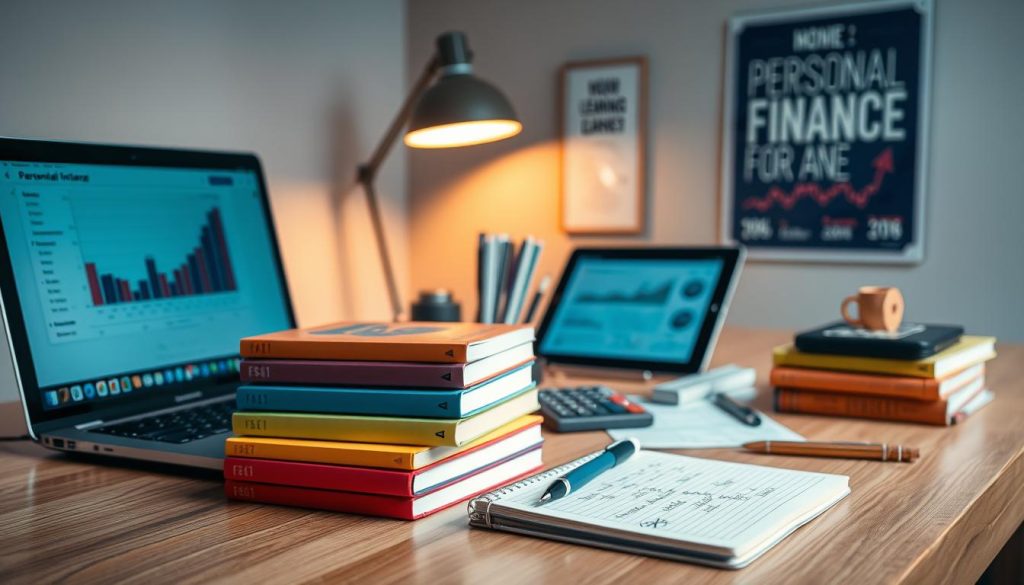 A well-organized workspace showcasing essential financial tools and learning materials. In the foreground, a modern desk with a laptop displaying a finance-oriented interface, a neatly stacked set of colorful books on personal finance, a notebook with visible handwritten notes, and a high-quality pen. In the middle ground, an assortment of tools like a calculator, charts, and a digital tablet with finance apps open, promoting an atmosphere of productivity. The background features soft, ambient lighting from a stylish desk lamp, with a motivational finance-related poster subtly hanging on the wall. The scene exudes a focused, encouraging mood, ideal for promoting effective learning in finance.